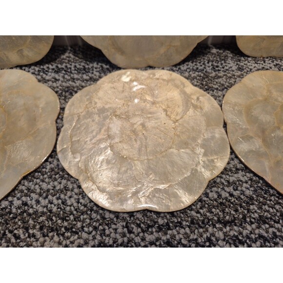 6 Capiz Shell Cork Backed Round With Scallop Edge Placemat/Trivets Phillipines - Picture 7 of 16